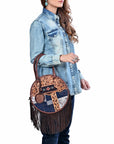 AMERICAN DARLING Tooled Leather Denim Canteen Bag Cowhide Fringe