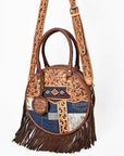 AMERICAN DARLING Tooled Leather Denim Canteen Bag Cowhide Fringe