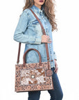 AMERICAN DARLING Tooled Leather & Cowhide Satchel Bag Hand-Carved Floral Border