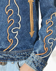 American Darling Women’s Western Denim Jacket - Acid Wash Jean Blazer with Flame Embroidery, Boho Cowgirl Outerwear