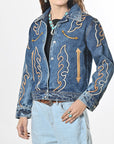 American Darling Women’s Western Denim Jacket - Acid Wash Jean Blazer with Flame Embroidery, Boho Cowgirl Outerwear