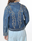 American Darling Women’s Western Denim Jacket - Acid Wash Jean Blazer with Flame Embroidery, Boho Cowgirl Outerwear