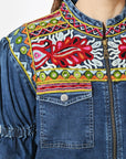 American Darling Women's Embroidered Denim Jacket Boho Tribal Floral Jean Blazer with Puff Ruffle Sleeves Cowgirl Top