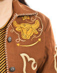 Western Embroidered Blazer Jacket Featuring Bull Head Cowgirl Motif In Brown Fabric