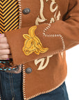 Western Embroidered Blazer Jacket Featuring Bull Head Cowgirl Motif In Brown Fabric