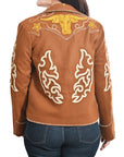 Western Embroidered Blazer Jacket Featuring Bull Head Cowgirl Motif In Brown Fabric