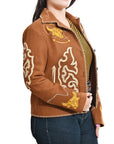Western Embroidered Blazer Jacket Featuring Bull Head Cowgirl Motif In Brown Fabric