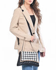 OHLAY High Fashion Checkered Flap Quilted Leather Crossbody Bag Black & White