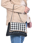 OHLAY High Fashion Checkered Flap Quilted Leather Crossbody Bag Black & White