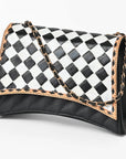 OHLAY High Fashion Checkered Flap Quilted Leather Crossbody Bag Black & White