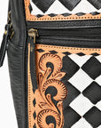 OHLAY Leather Backpack Hand-Tooled Floral Trim Black & White Checkered Panel