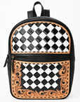 OHLAY Leather Backpack Hand-Tooled Floral Trim Black & White Checkered Panel