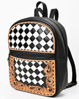 OHLAY Leather Backpack Hand-Tooled Floral Trim Black & White Checkered Panel