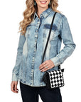 OHLAY Mini Checkered Leather Crossbody Bag Black & White Graphic Fringe Accent