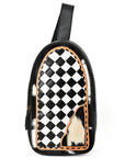 OHLAY Cowhide Sling Bag Black White Checkered Panel Top Grain Leather Backpack