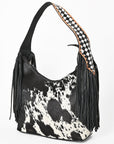 American Darling Cowhide & Leather Fringe Hobo Bag Black/White Spotted Woven