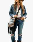American Darling Checkered Western Crossbody Bag Black & White Tan Leather Trim