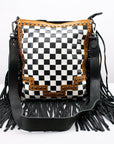 American Darling Checkered Western Crossbody Bag Black & White Tan Leather Trim