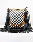 American Darling Checkered Western Crossbody Bag Black & White Tan Leather Trim