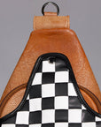 Chestnut Sling Bag With Black White Checkered Panel For Everyday Crossbody Styling
