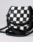 Checkered Flap Mini Crossbody Bag With Braided Leather Trim