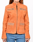 American Darling Women’s Suede Jacket Blazer Zip Front Studded Embellished Western Style Casual Coat Orange