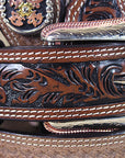 44 in 3D Belts 1 1/2 in Distressed Basket Weave Floral Leather Belt