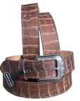 Vintage Brown Croc Print Leather Belt Single Stitch Engraved Silver Buckle