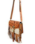 American Darling Western Floral Tooled Leather & Cowhide Fringe Crossbody Bag
