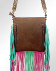HILASON Women’s Large Genuine Leather Western Crossbody Bag Cowhide Purse Multi-Color Pink & Teal Fringe Tooled Floral Strap