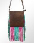 HILASON Women’s Large Genuine Leather Western Crossbody Bag Cowhide Purse Multi-Color Pink & Teal Fringe Tooled Floral Strap