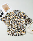 Leopard Ruffle Trim 3/4 Sleeve Buttoned Shirt