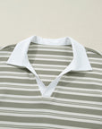 Stripe Collared V-Neck Short Sleeve Midi Dress