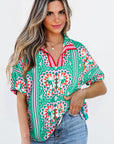 Kamiyah Boho Abstract Striped Collared V Neck Blouse