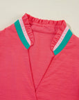 Colorblock Trim V-Neck Short Sleeve Blouse