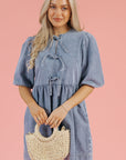 Denim Bow Bubble Sleeve Mini Dress
