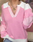 Stripe Colorblock Collared Drop Shoulder Sweater