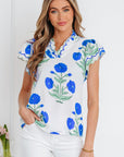Flower Scallop Contrast Trim Short Sleeve Blouse