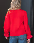 Stripe Trim Ruffle Split Neck Long Sleeve Blouse