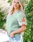 Reya Floral Embroidered Puff Sleeve Split Neck Blouse