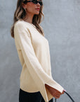 Solid Textured Knit Split Cuff Drop Shoulder Sweater