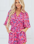 Abstract Puff Sleeve V-Neck High Waist Romper