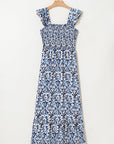 Abstract Boho Smocked Bodice High-Waist Maxi Dress