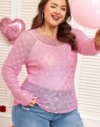 Plus Size Bow Tie Mesh Embroidered Long Sleeve Top