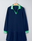 Stripe Contrast Polo Collar Ruffle Hem Mini Dress