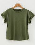 Solid Ribbed Knit Ruffle Short Sleeve T-Shirt