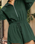 Solid Half-Zip Collar French Terry Drawstring Romper