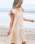 Floral Embroidered Pom Pom Ruffle Sleeve Dress