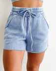 Mineral Wash Drawstring Elastic Waist Raw Edge Shorts