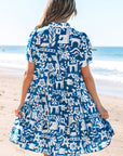 Floral Ricrac Trim Split Neck Tiered Mini Dress